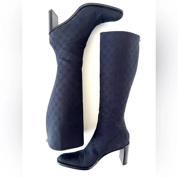 GUCCI || Vintage Y2K GG Monogram Canvas Square Toe Block Heel Knee High Boots - Picture 7 of 16